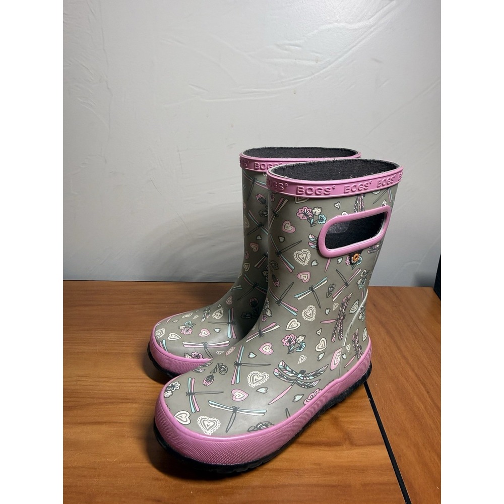 BOGS Kids Skipper Waterproof Rubber Rain Boot Girls Dragonfly Gray/Pink Size 12